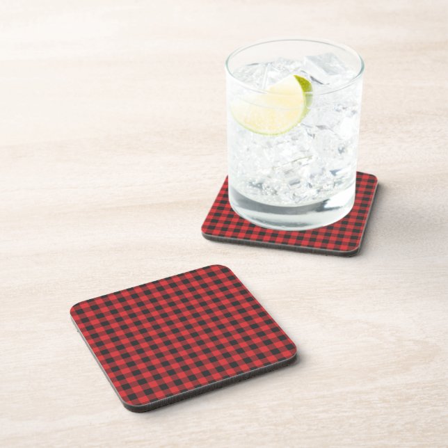 Black Red Buffalo Gingham Plaid Rustic  Beverage Coaster (Right Side)