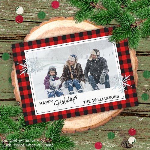 Black Red Buffalo Lumberjack Plaid  Snowflakes Holiday Card