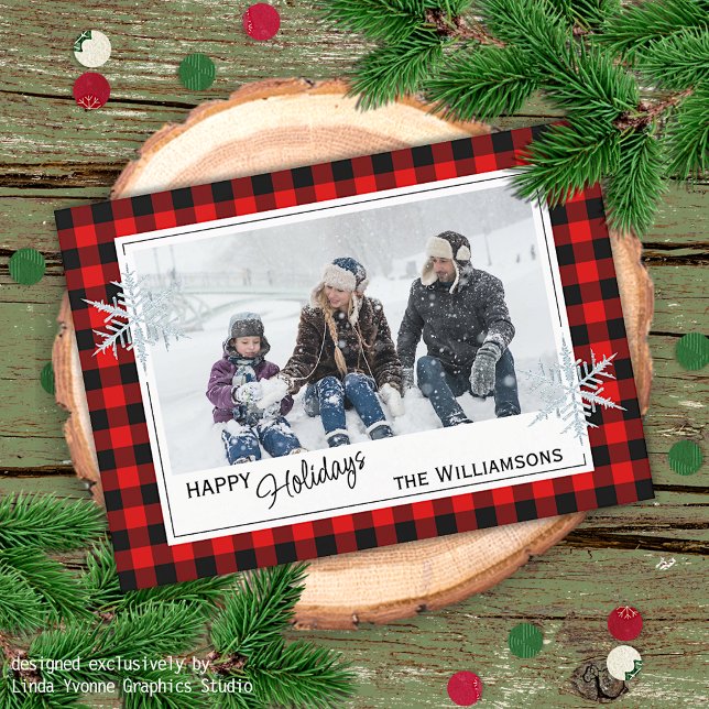 Black Red Buffalo Lumberjack Plaid & Snowflakes Holiday Card (Creator Uploaded)