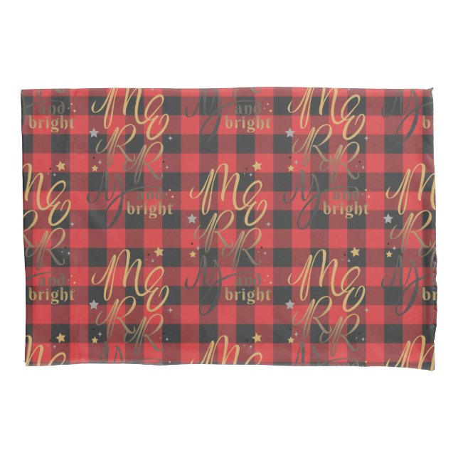 Black Red Buffalo Merry and Bright Plaid Rustic Pillow Case (Front-Left)