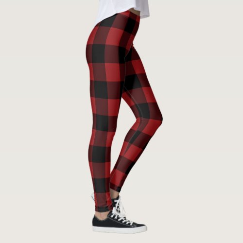 Black Red Buffalo Plaid Check Leggings Modern