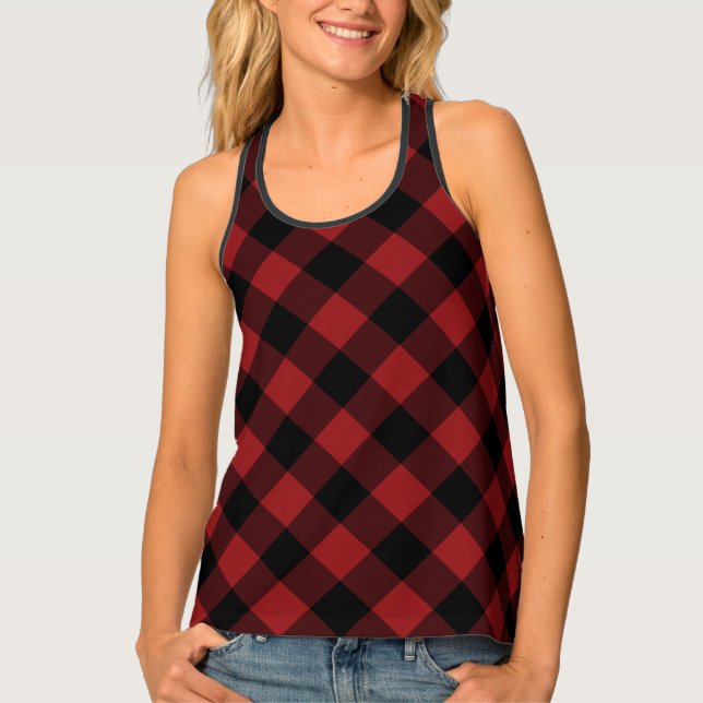 Black Red Buffalo Plaid Check Tank Top (Front)