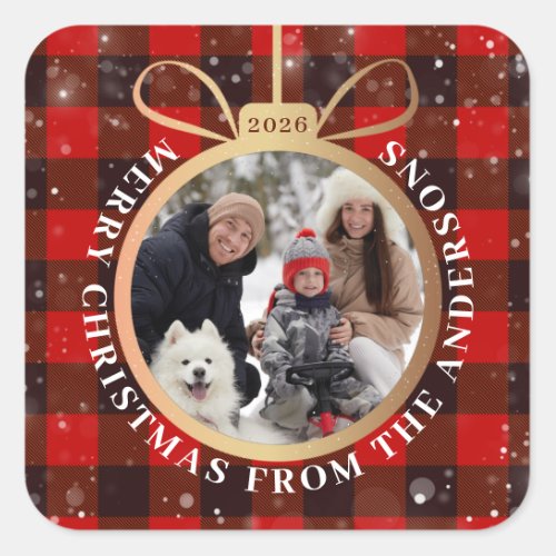 Black  Red Buffalo Plaid Christmas Ornament Photo Square Sticker