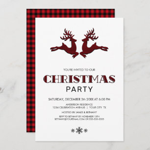 Black Red Buffalo Plaid Deer Christmas Party Invitation