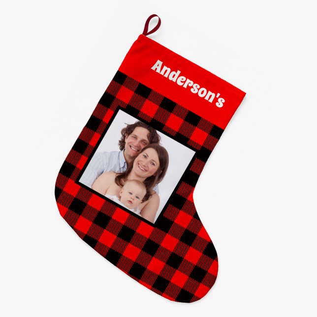 Black Red Buffalo Plaid  Family Photo Name  Large Christmas Stocking (Front (Hanging))