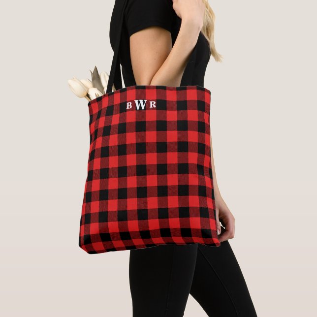 Black Red Buffalo Plaid Monogram Tote Bag (Close Up)