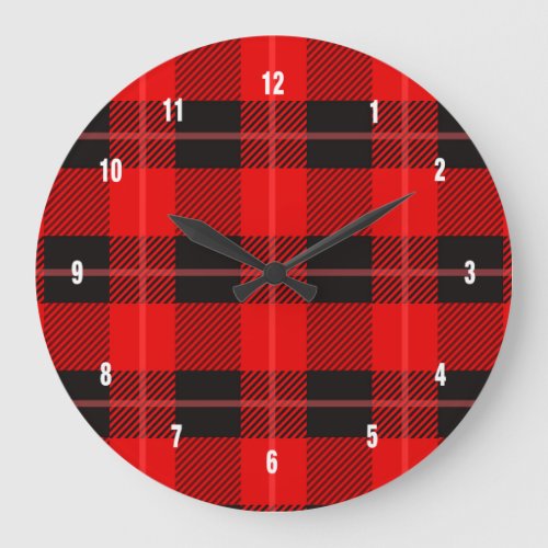 Black  Red Buffalo Plaid Pattern Large Clock