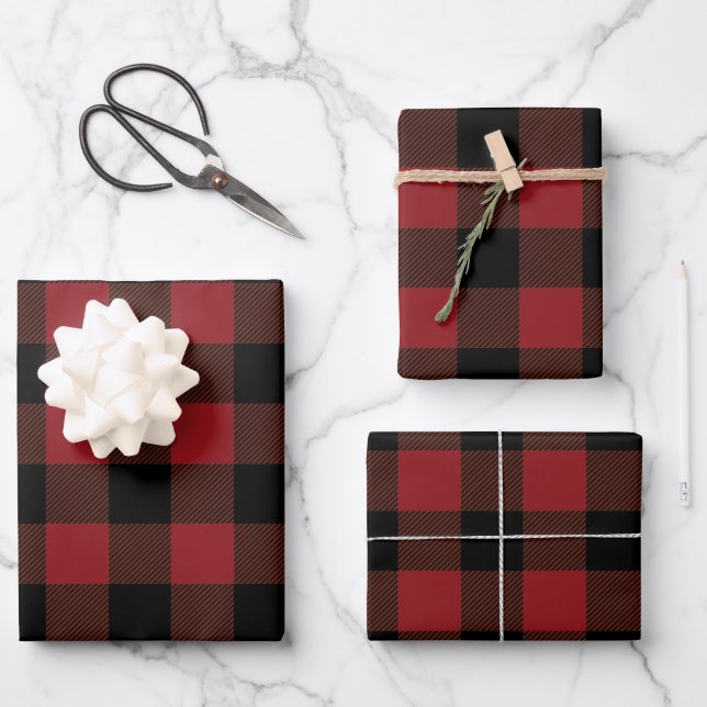 Black Red Buffalo Plaid Pattern  Wrapping Paper Sheets (Front)