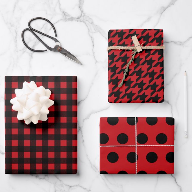 Black & Red Buffalo Plaid, Polka Dot & Houndstooth Wrapping Paper Sheets (Front)