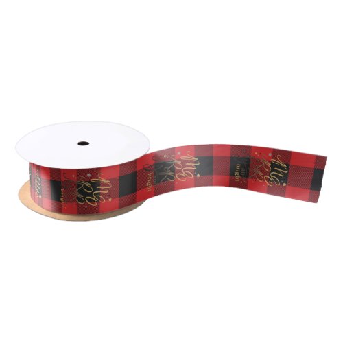 Black Red Buffalo Plaid Rustic Merry and Bright Satin Ribbon