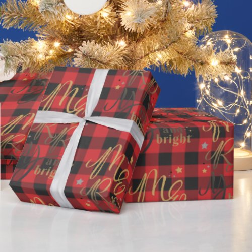 Black Red Buffalo Plaid Rustic Merry and Bright Wrapping Paper