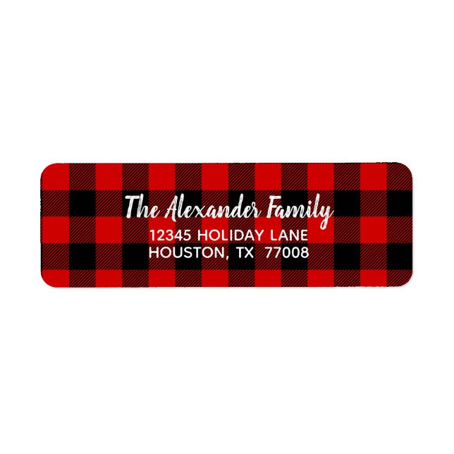 Black Red Buffalo Plaid Simple Script Label (Front)