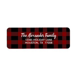 Black Red Buffalo Plaid Simple Script Label