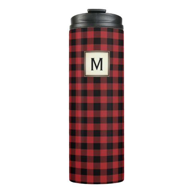 Black Red Buffalo Plaid with Monogram Thermal Tumbler (Front)