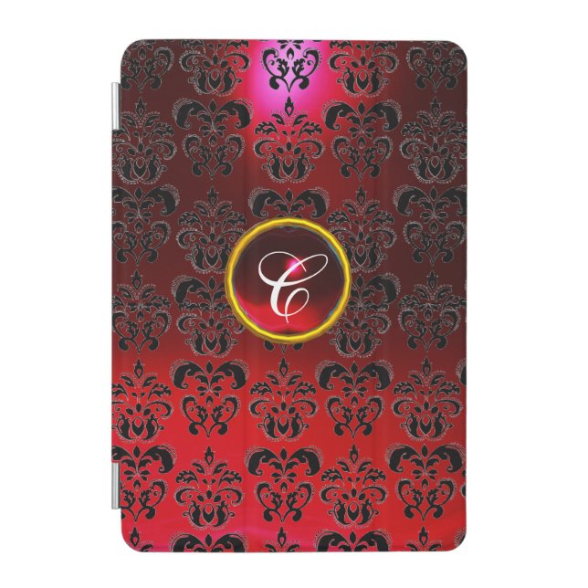 BLACK RED  BURGUNDY DAMASK GEM MONOGRAM iPad MINI COVER (Front)