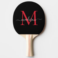 Black Red Burgundy Monogram Elegant Script Name Ping Pong Paddle