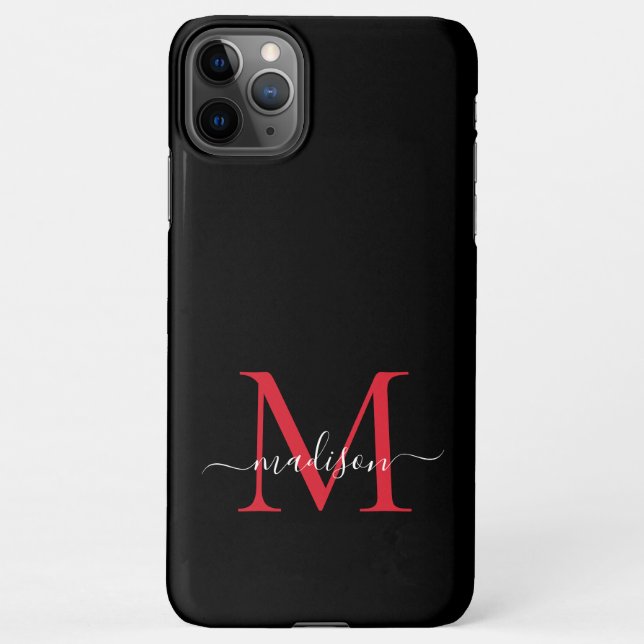 Black Red Burgundy Monogram Feminine Script Name iPhone Case (Back)