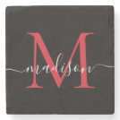 Black Red Burgundy Monogram Feminine Script Name Stone Coaster Black Red Burgundy Monogram Feminine Script Name Stone Coaster