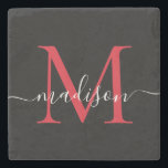 Black Red Burgundy Monogram Feminine Script Name Stone Coaster<br><div class="desc">Elegant Black Red Burgundy Maroon Monogram Feminine Script Name Stone Coaster</div>