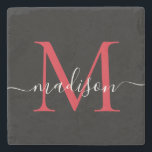 Black Red Burgundy Monogram Feminine Script Name Stone Coaster<br><div class="desc">Elegant Black Red Burgundy Maroon Monogram Feminine Script Name Stone Coaster</div>