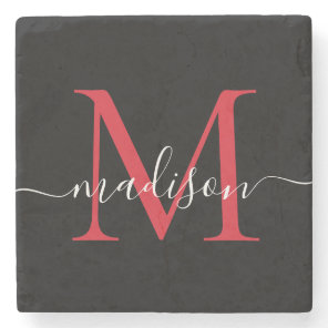Black Red Burgundy Monogram Feminine Script Name Stone Coaster