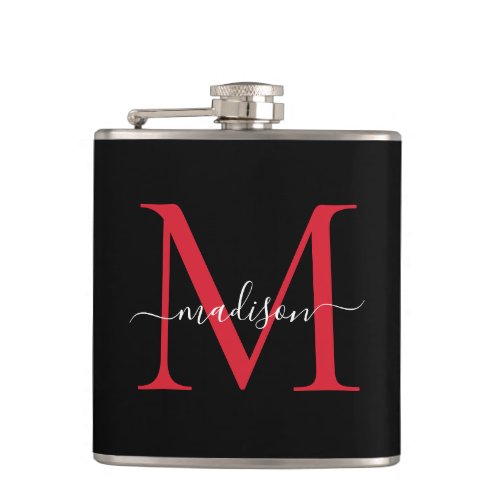Black Red Burgundy Monogram Stylish Script Name Flask