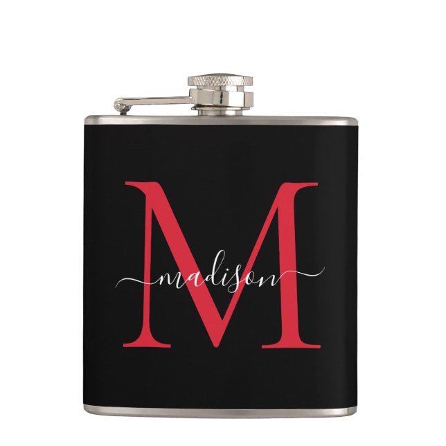 Black Red Burgundy Monogram Stylish Script Name Flask (Front)