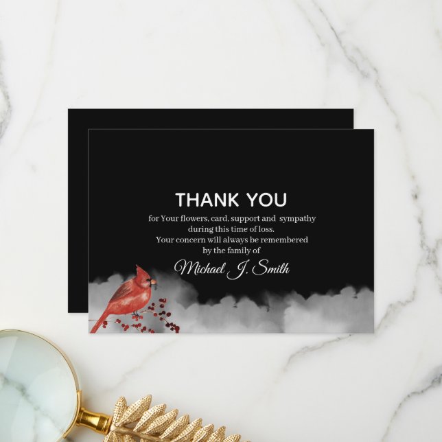 Black Red Cardinal Сloud Funeral Sympathy  Thank You Card (Front/Back In Situ)