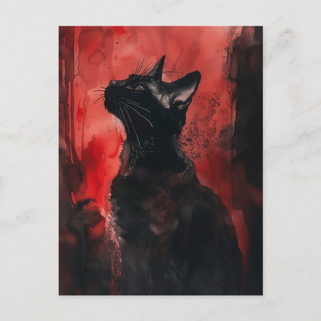 Black & Red Cat Abstract Surreal Portrait Painting Postcard (Front)