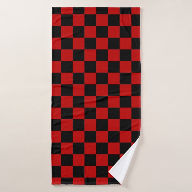 Black + Red Check Checkered Checkerboard Pattern Bath Towel (Bath Towel)