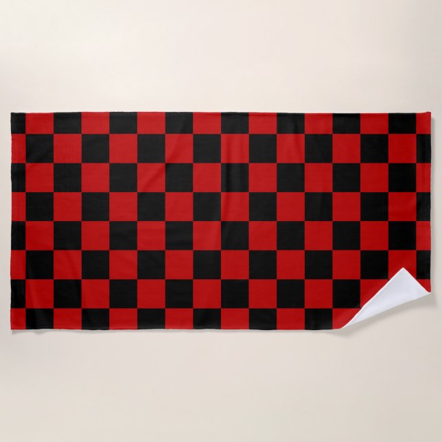 Black + Red Check Checkered Checkerboard Pattern Beach Towel (Front)