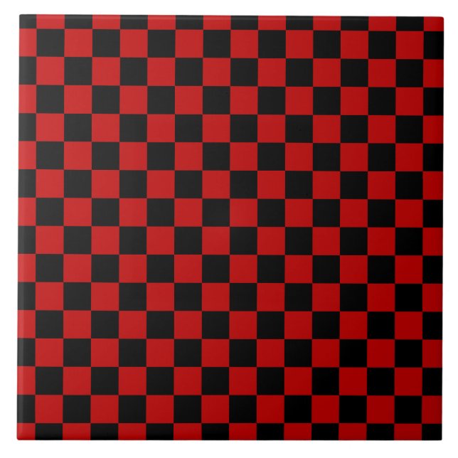 Black + Red Check Checkered Checkerboard Pattern Ceramic Tile (Front)