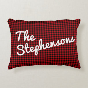 Black Red Check Plaid Personalized Name Christmas  Accent Pillow