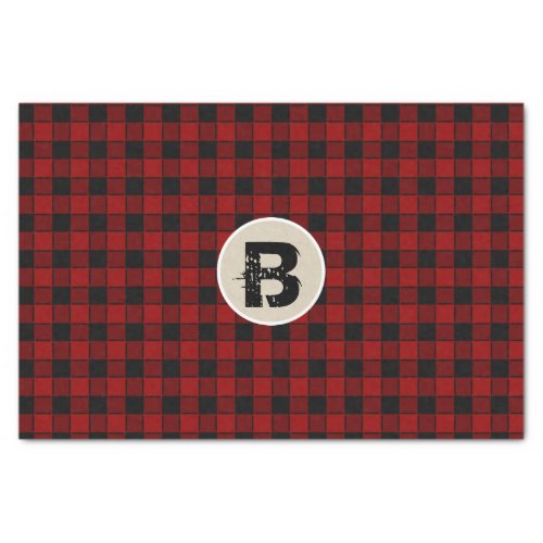 Black  Red Checker Grunge Monogram Initial Tissue Paper