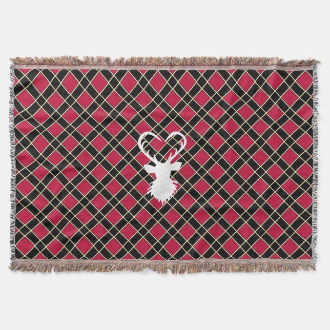 Black Red Checkered & Reindeer Silhouette Throw Blanket (Front)
