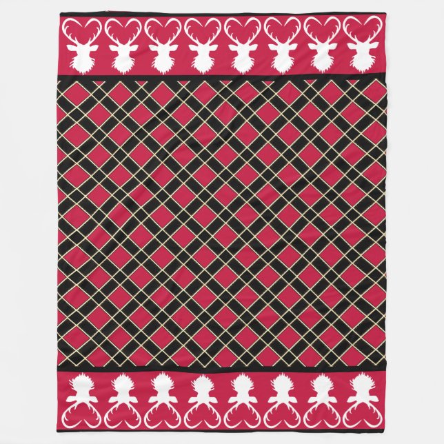 Black Red Checkered & Reindeer Silhouettes Fleece Blanket (Front)