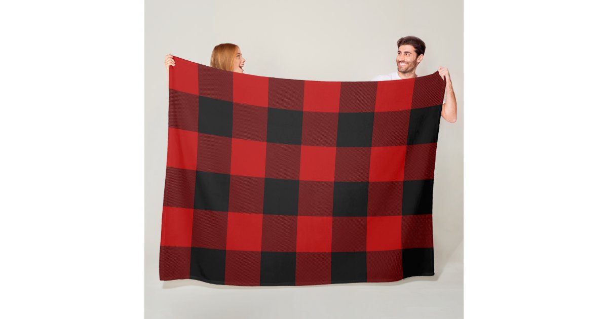 Black Red Checkered Squares Buffalo Plaid Fleece Blanket