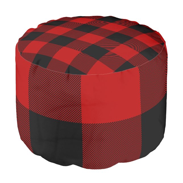 Black & Red Checkered Squares Buffalo Plaid Pouf (Angled Front)