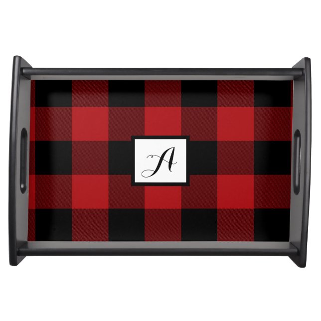 Black & Red Checkered Squares Buffalo Plaid Serving Tray (Front)