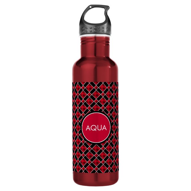 Black & Red Checkered Stainless Steel Water Bottle (Front)