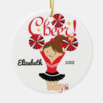 Black & Red Cheer Brunette Cheerleader Ornament by celebrateitornaments at Zazzle