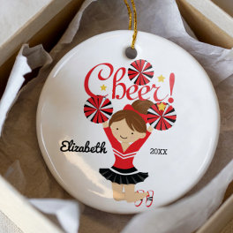 Black & Red Cheer Brunette Cheerleader Ornament