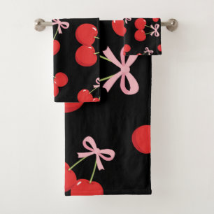 Black Red Cherries Pink Bow Coquette Cottage Chic Bath Towel Set