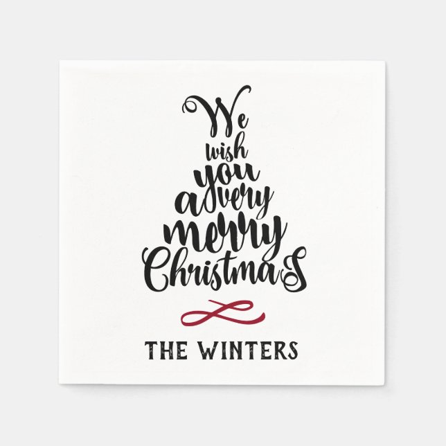 Black & Red Christmas Tree Lettering Holiday Napkins (Front)