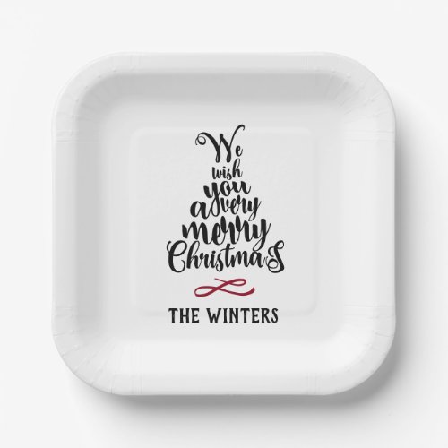 Black  Red Christmas Tree Lettering Holiday Paper Plates