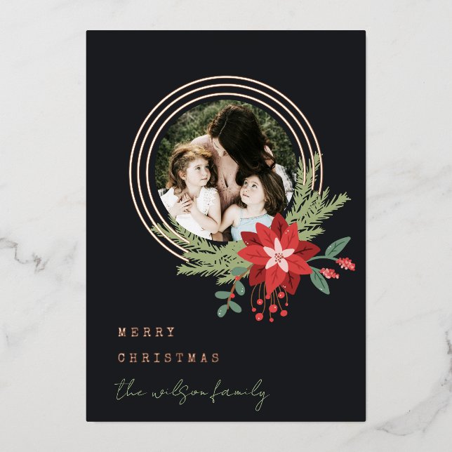 Black Red Circle Photo Poinsettia Merry Christmas Foil Holiday Card (Front)