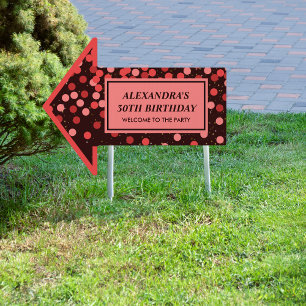 Black Red Confetti Birthday Arrow Yard Sign