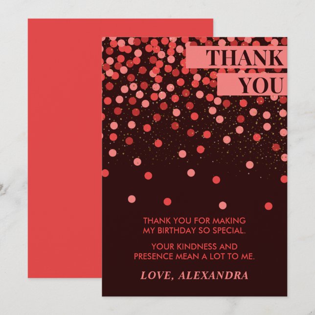 Black Red Confetti Chic Birthday Thank You Card (Front/Back)