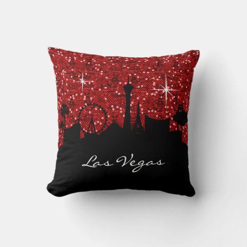 Black  Red Confetti Glitter Las Vegas Skyline Throw Pillow