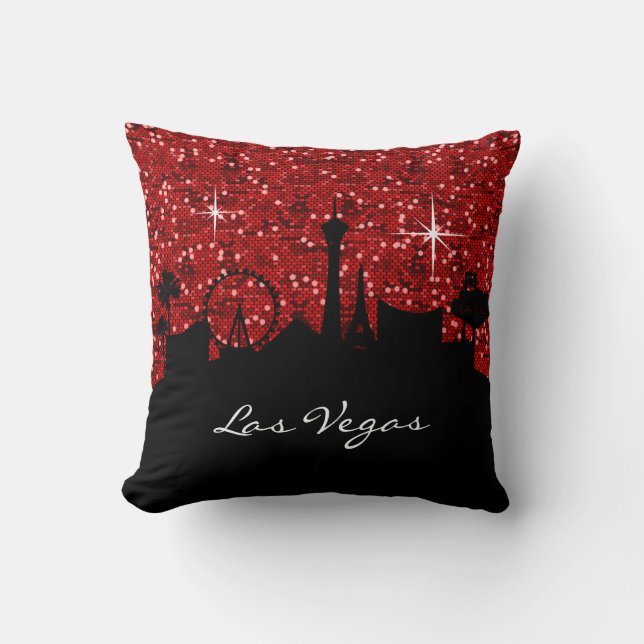 Black & Red Confetti Glitter Las Vegas Skyline Throw Pillow (Front)